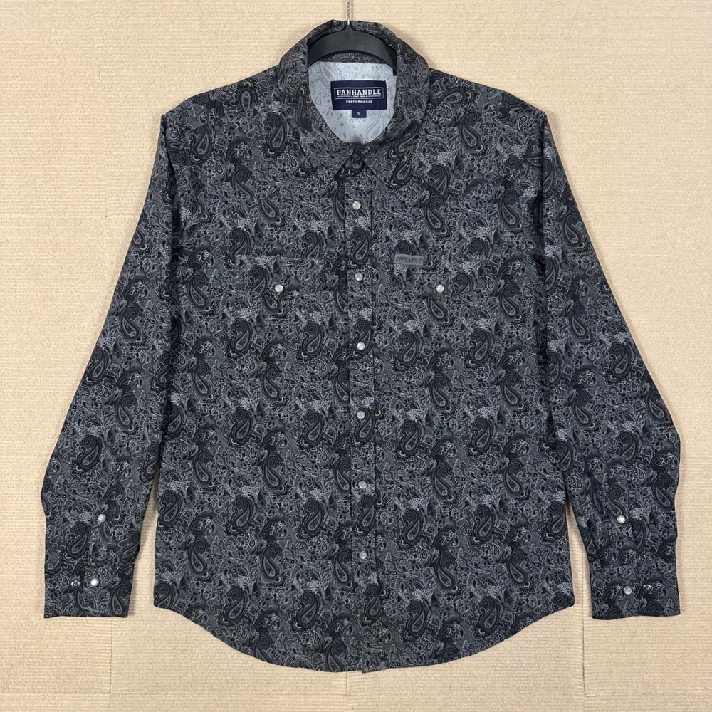 Panhandle Performance Western Pearl Snap Shirt Mens S Black Gray Paisley Rodeo